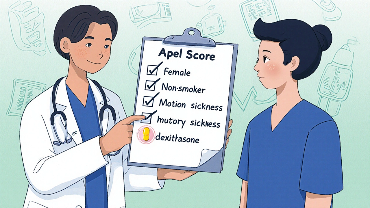 A doctor points to a checklist showing three risk factors for post-surgery nausea, with a glowing combo pill indicating effective treatment.