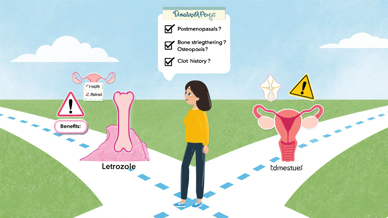 Cartoon woman at a crossroads with icons comparing Letrozole and Tamoxifen side effects.