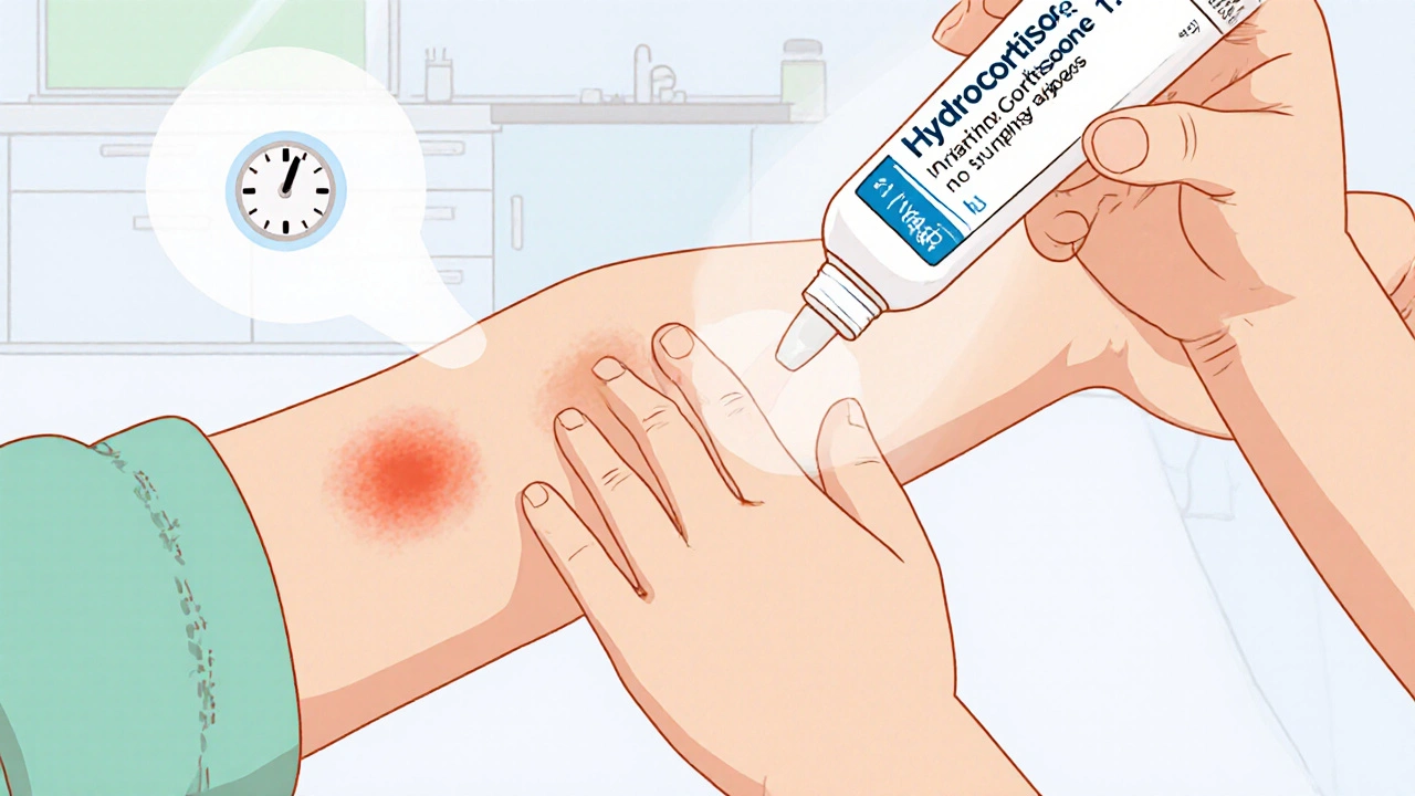 Child&#039;s sunburned arm being gently treated with hydrocortisone cream.