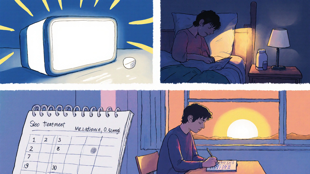Collage of light therapy box, melatonin pill, journal, and sunrise.