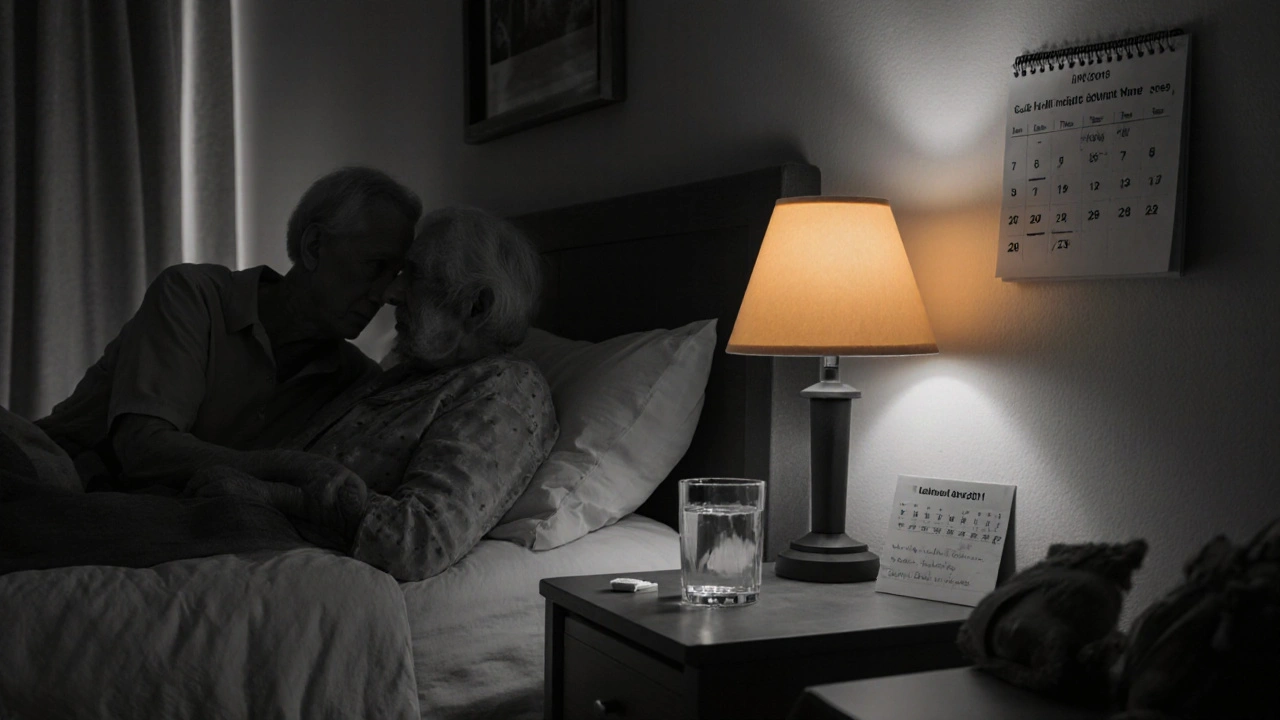 Cozy bedroom with bedtime routine, alfacalcidol tablet on nightstand, and calendar reminder.