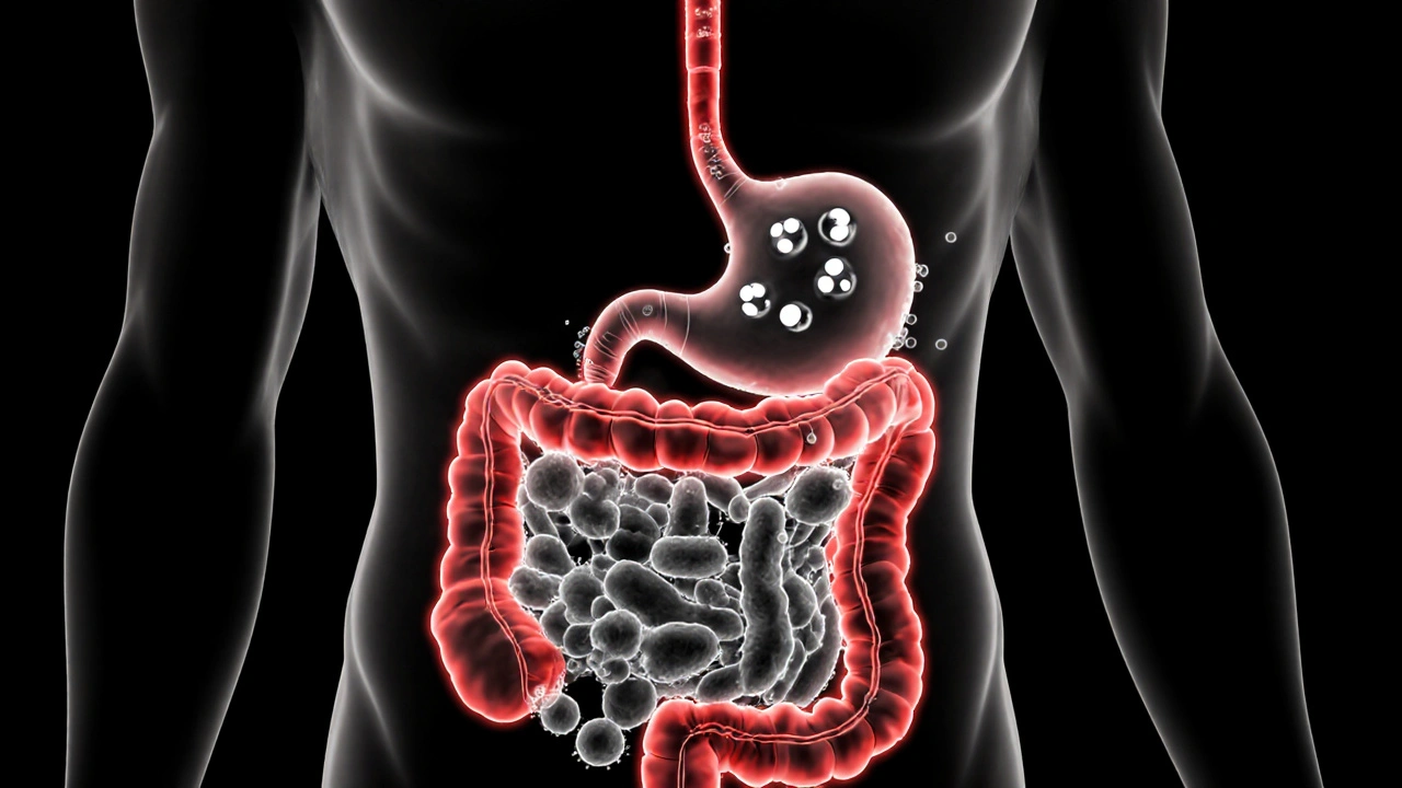 Cross‑section of gut showing lactose fermentation, gas bubbles, and nerve signal to brain in red.