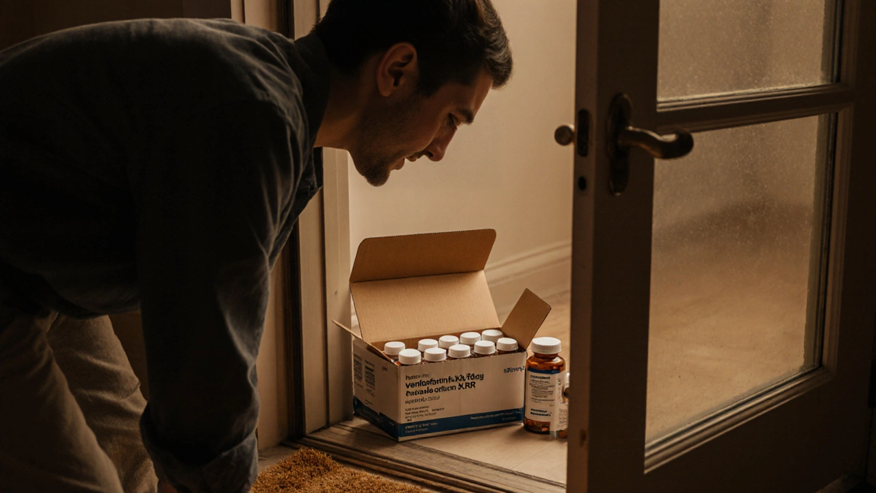 Delivery box on doorstep with medication bottles, person inspecting it.