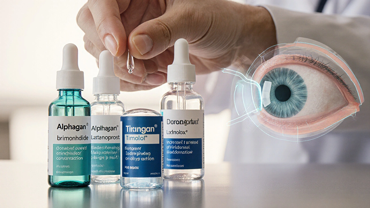 Doctor&#039;s hand holding three glaucoma eye‑drop bottles against a semi‑transparent eye model.