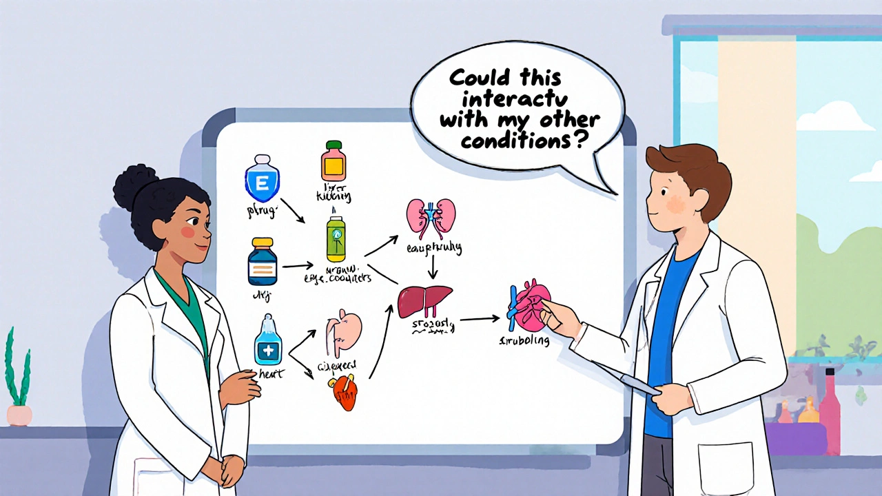 Doctor and pharmacist reviewing a drug interaction chart with a patient in a clinic setting.