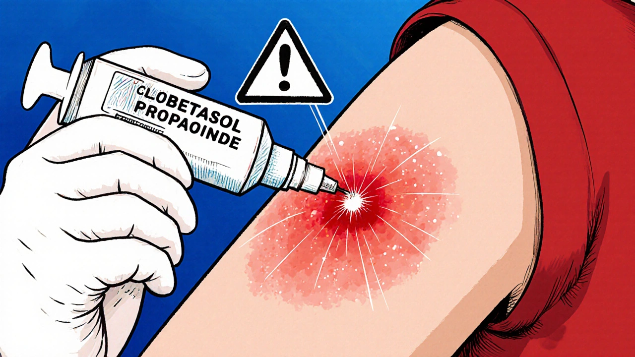 Doctor applying clobetasol to a thick skin plaque that quickly shrinks.