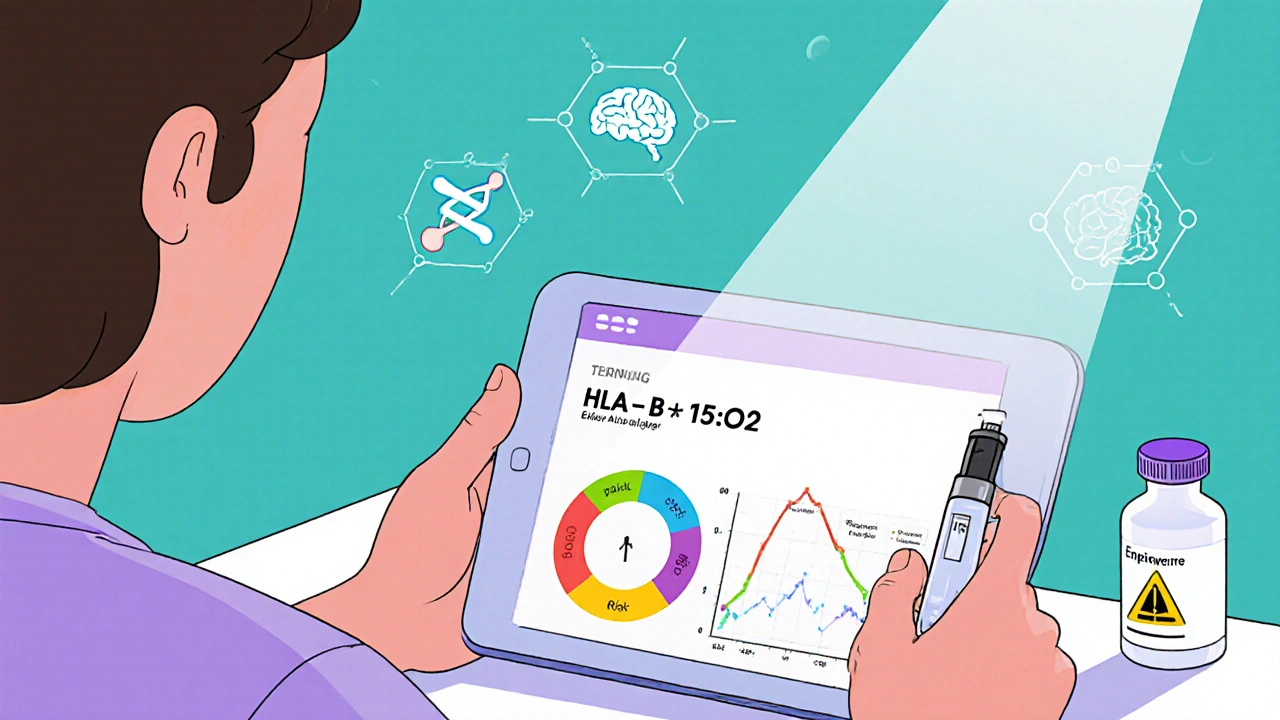 Doctor reviewing genetic test and AI risk chart while patient holds epinephrine auto‑injector.
