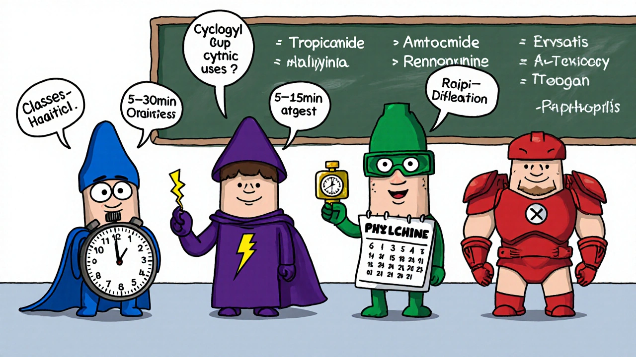 Four cartoon eye‑drop bottles labeled Cyclogyl, Atropine, Tropicamide, and Phenylephrine with their key traits.