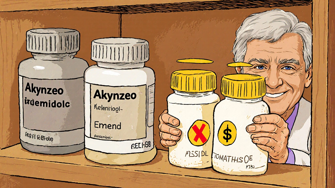 Generic antiemetic pills glow brightly on a pharmacy shelf while expensive brands fade in the background, with a patient holding the affordable option.
