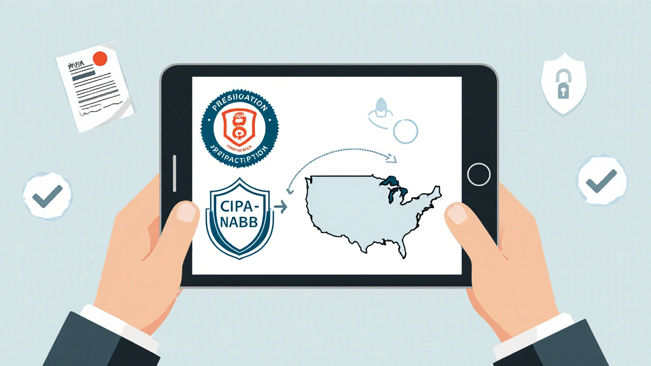 Hand holding tablet with certification icons and map showing Canada‑US shipment route.