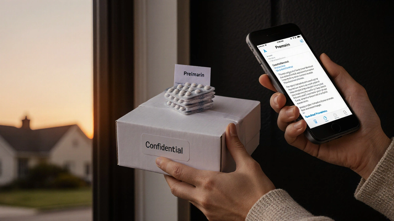 Hand opening plain delivery box revealing Premarin tablets and phone confirmation.