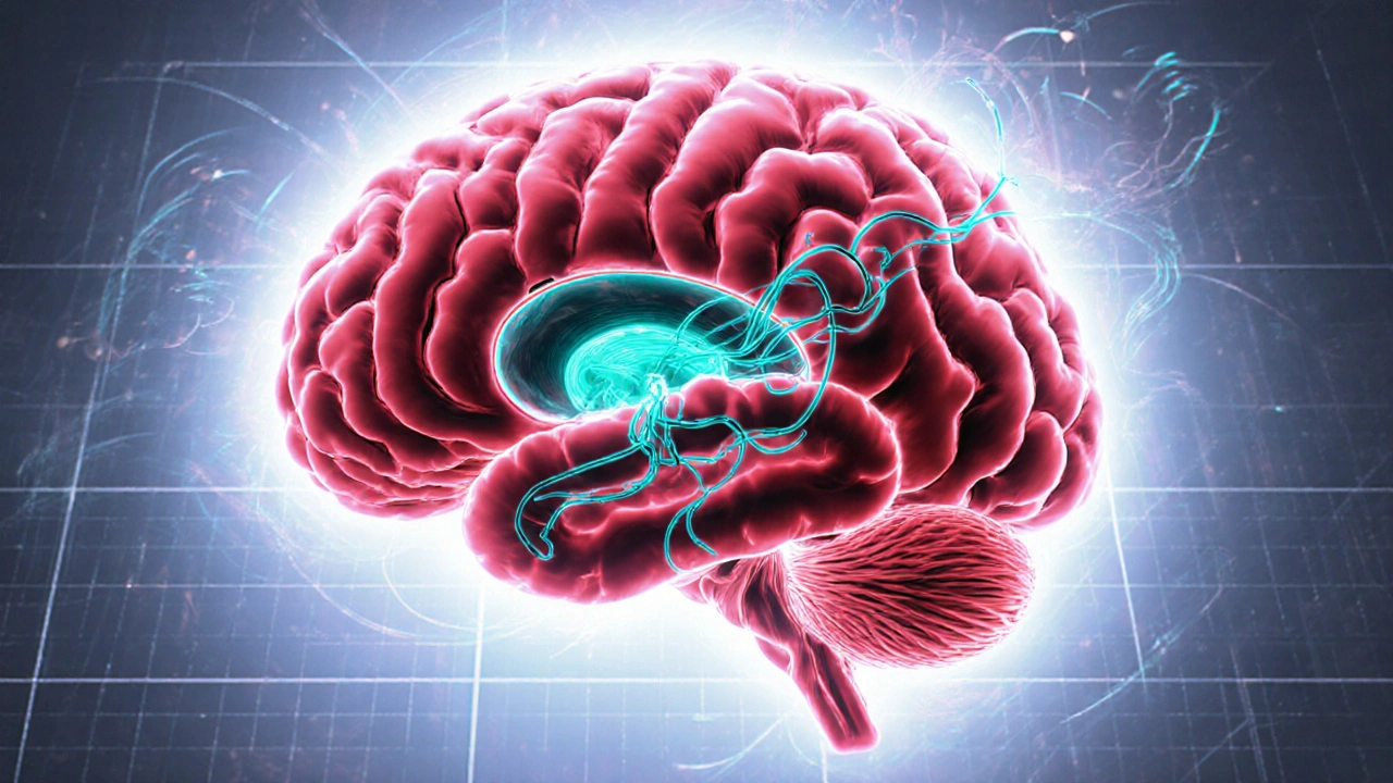Illustrated brain showing amygdala, nucleus accumbens, and colorful neurotransmitter pathways.