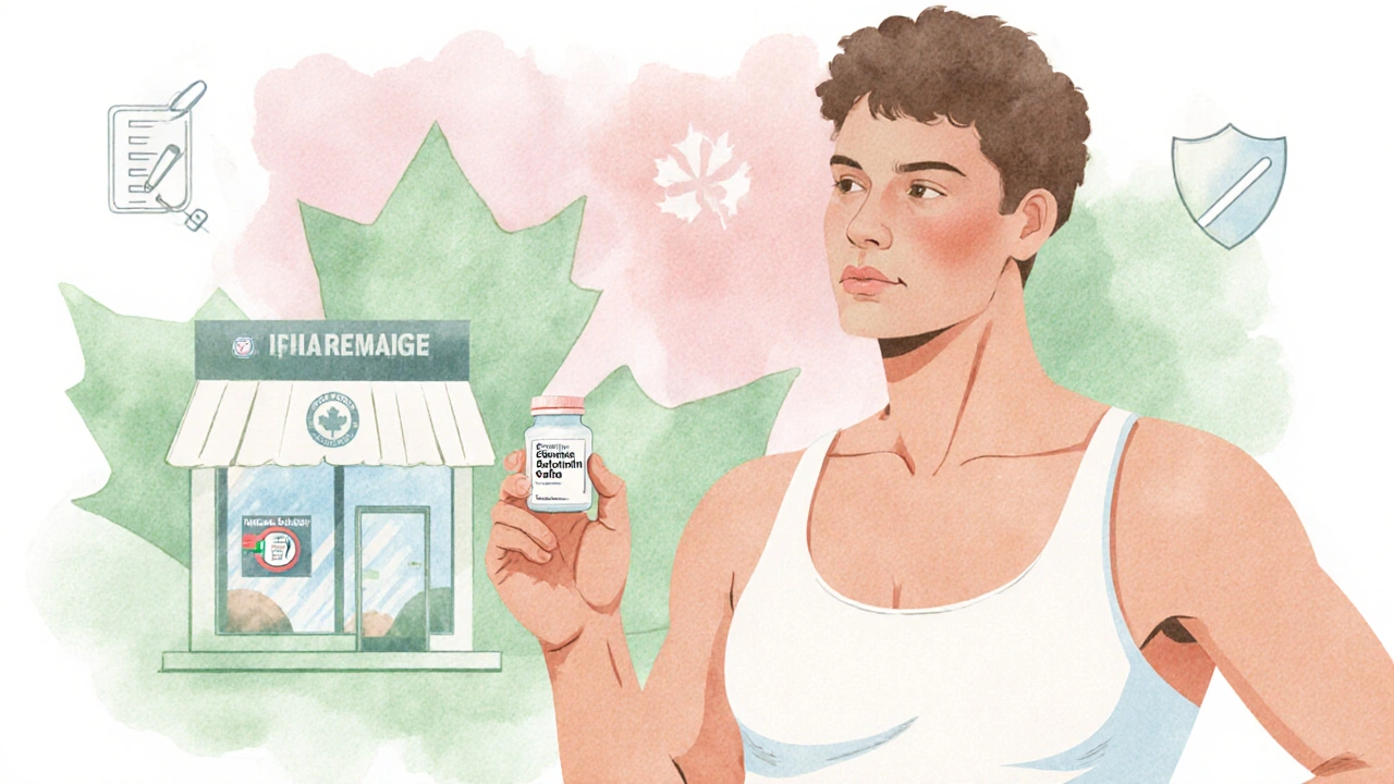 Illustration of person holding isotretinoin capsule with Canadian maple leaf and safety icons.