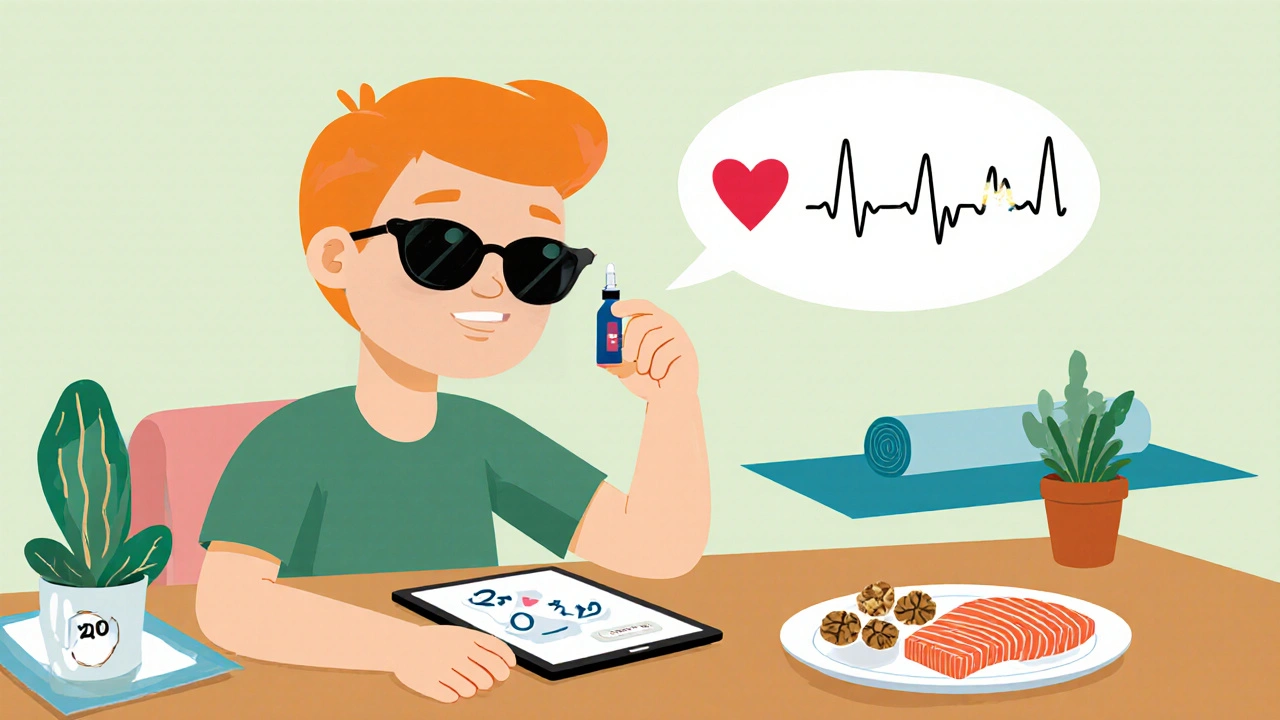 Individual wearing UV glasses, using eye drops, eating omega‑3 foods, and practicing yoga.