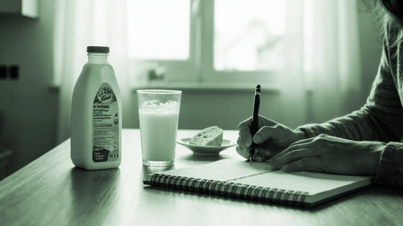 Kitchen with lactose‑free milk, lactase pills, almond milk, and a journal for tracking symptoms.