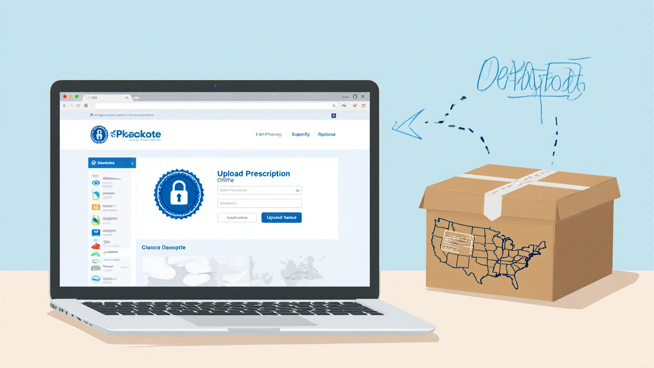 Laptop showing secure online pharmacy page with prescription upload and shipping map from Canada to US.