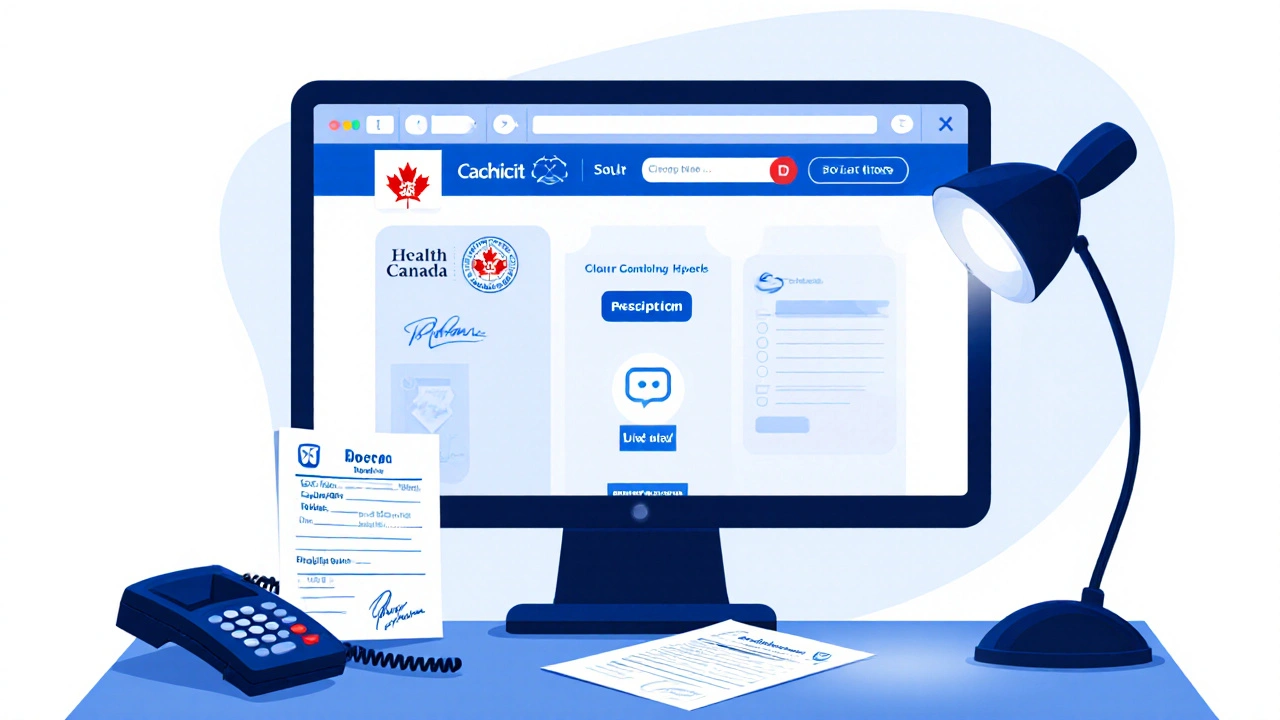 Online pharmacy website with license badge, prescription and phone on desk.