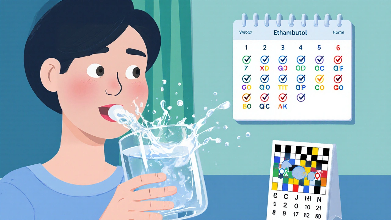 Patient takes Ethambutol tablet with water while a calendar reminds of monthly eye exams.