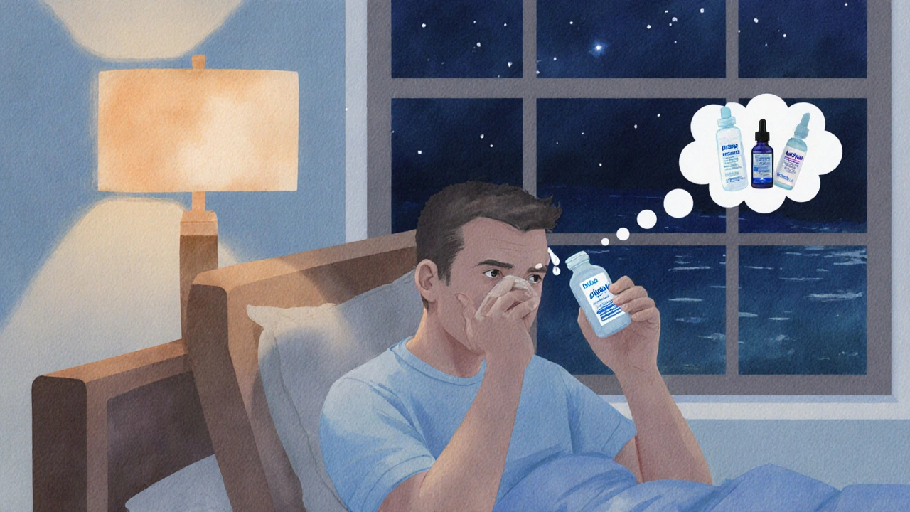 Person at night applying an eye drop, with faint silhouettes of other bottles in a thought bubble.