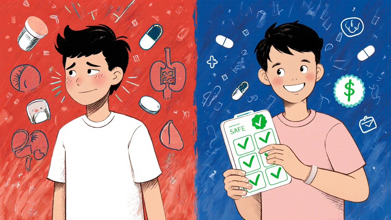 Person experiencing side effects on one side, then safe and relieved on the other after medication review.