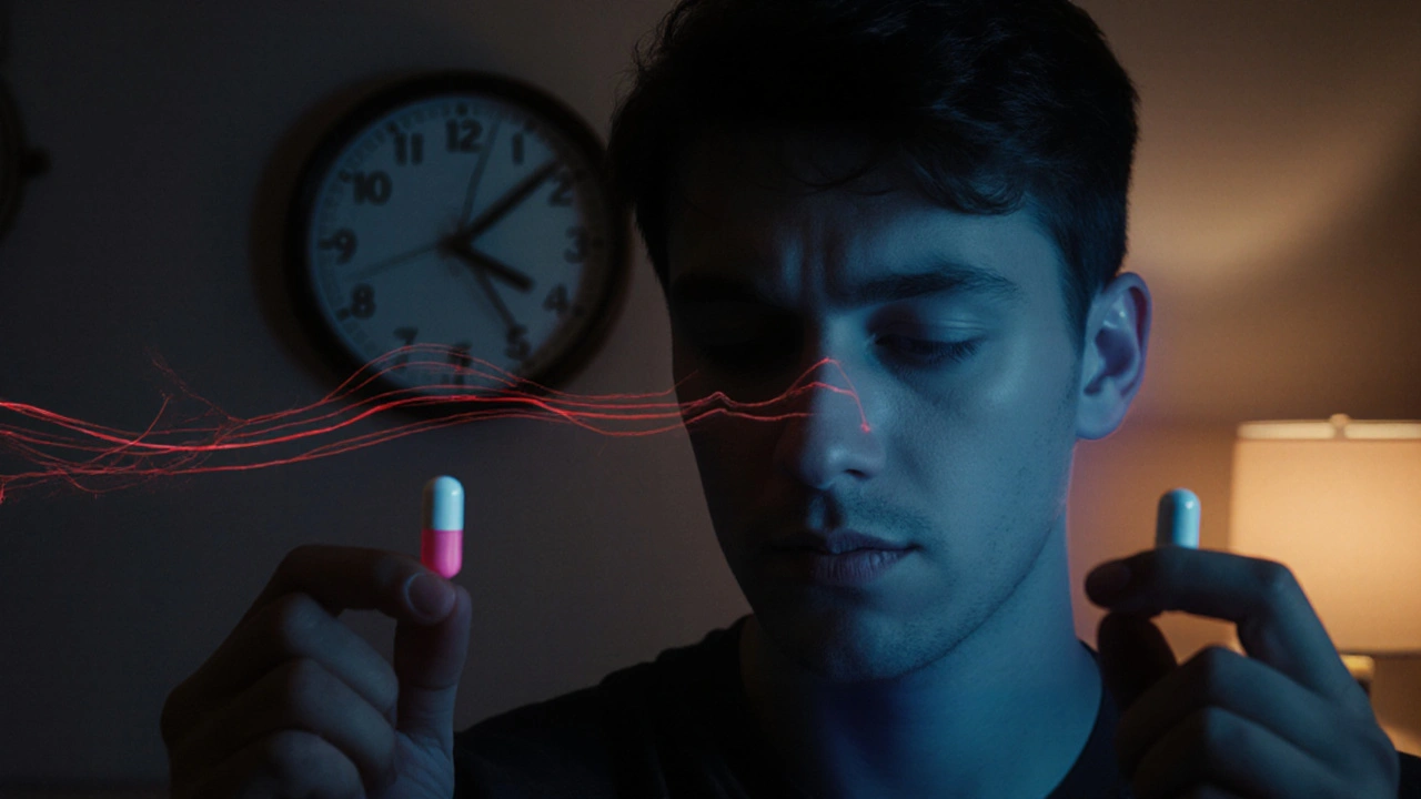 Person holding two pills, with headache graphics on one side and calm expression on the other.