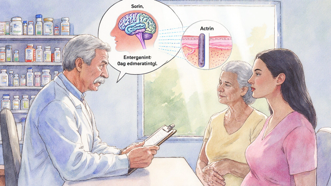 Pharmacist advising a man, elderly woman, and pregnant woman in a pastel clinic setting.