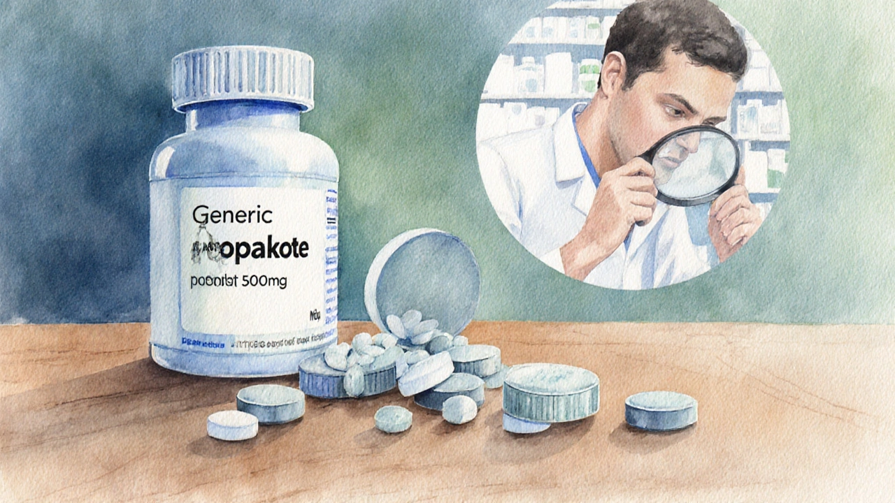 Pharmacist inspecting authentic generic Depakote tablets next to a counterfeit-looking pill.