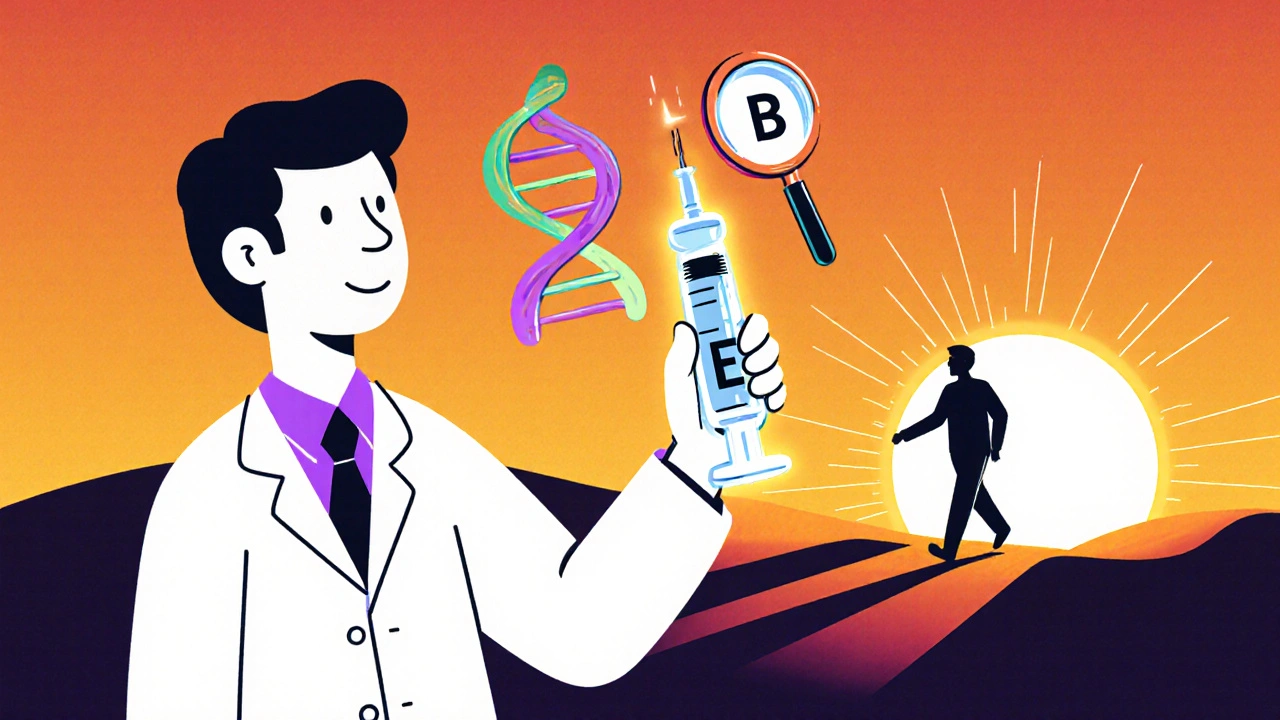 Scientist shows injectable Ethambutol and DNA helix, symbolizing future TB treatment advances.