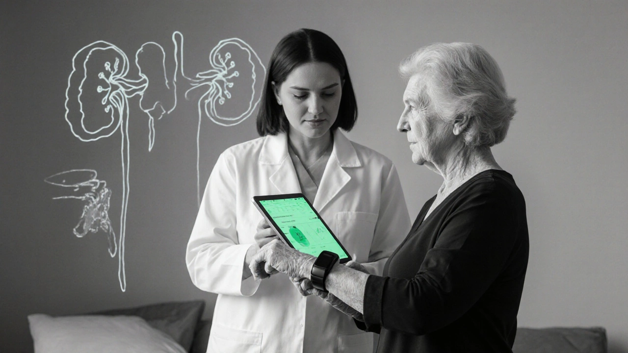 Senior woman with wrist actigraphy monitor and nurse reviewing sleep data on a tablet.