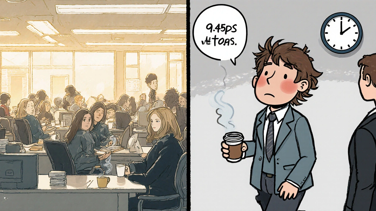 Sleep‑deprived individual arriving late to a bright office.
