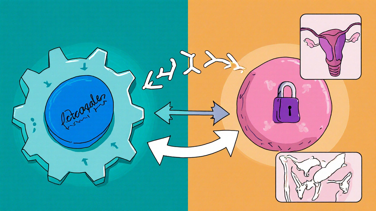 Split‑screen cartoon shows Letrozole blocking aromatase and Tamoxifen blocking estrogen receptors.