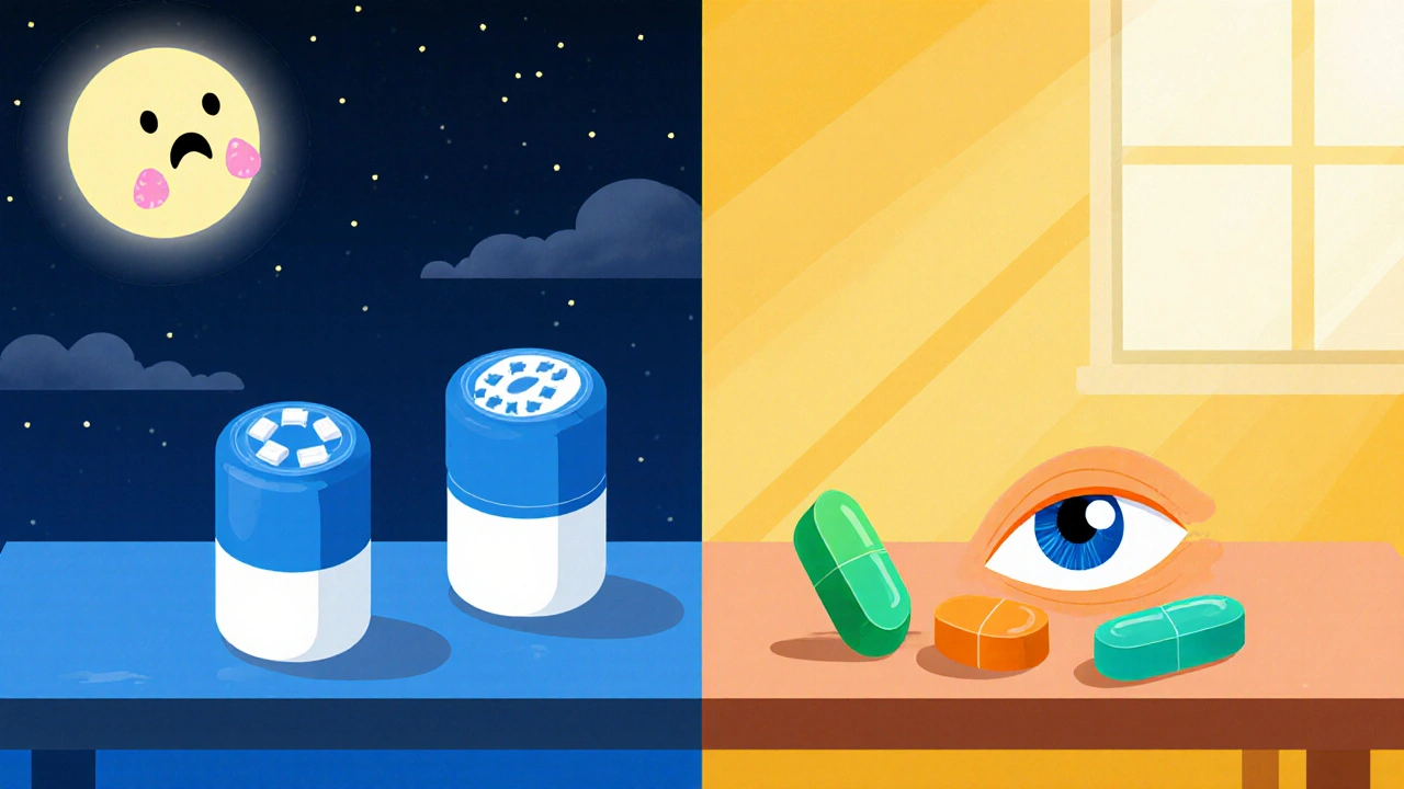 Split tabletop shows first‑gen antihistamines under night sky and second‑gen under daylight.