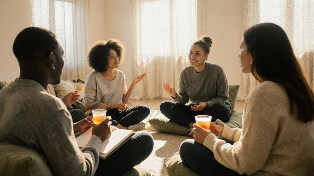 Support group in a bright room, members sharing and journaling together.