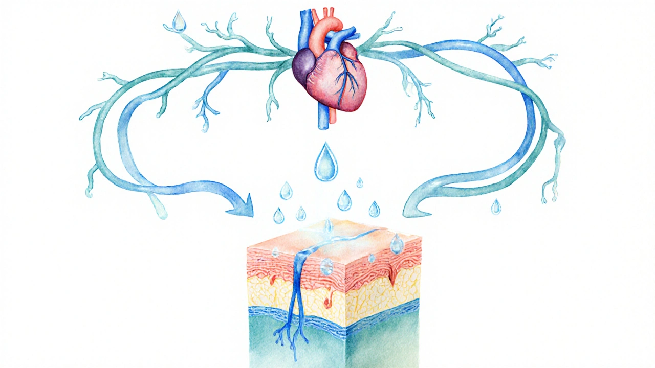 Water droplets traveling through veins to nourish skin layers.