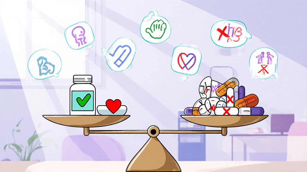 A balanced scale compares low-risk and high-risk antipsychotics with health factors around them.