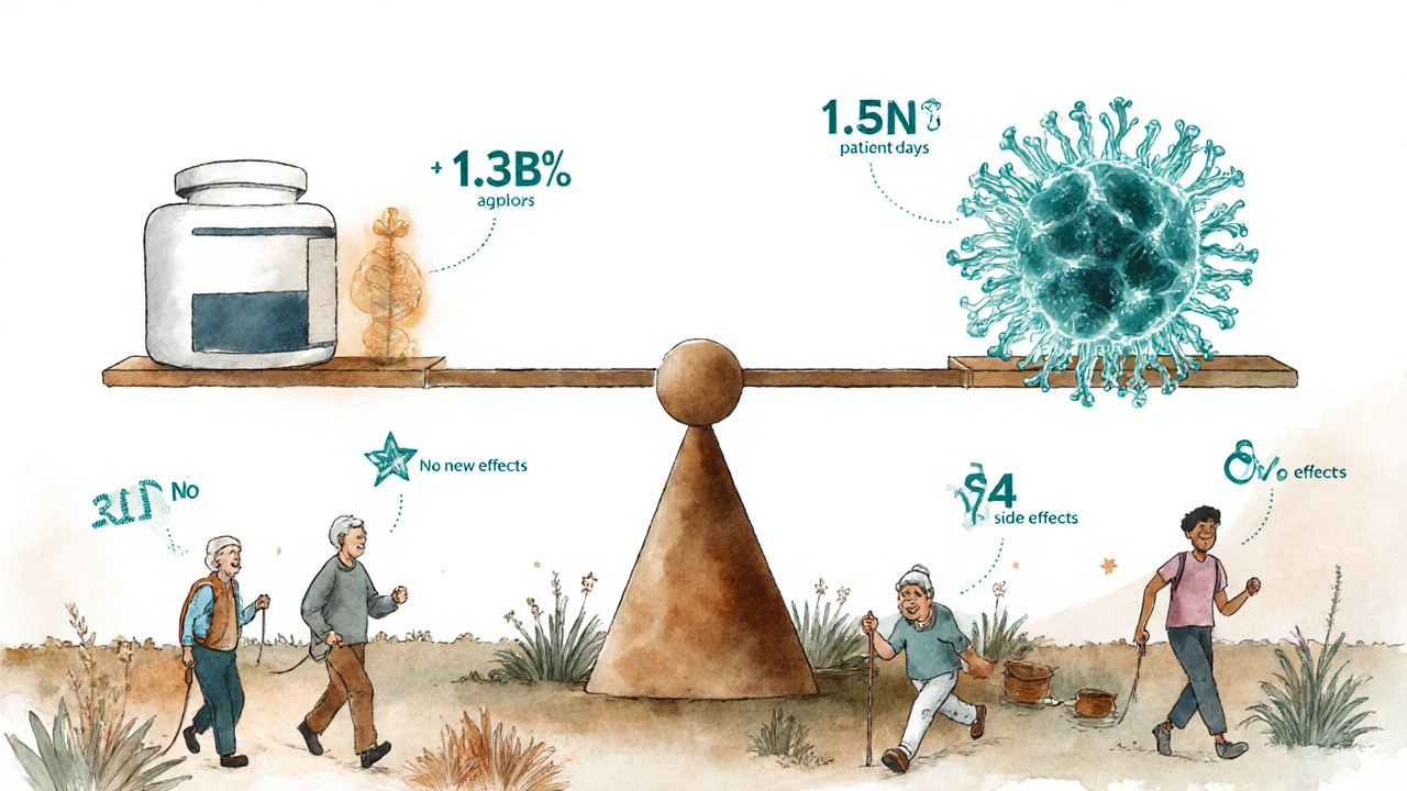 A balanced scale with biologic and biosimilar drug sculptures, patients enjoying life below, data points as floating stars.