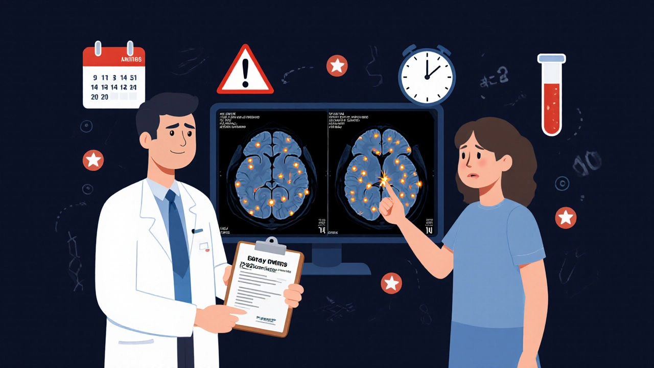 A doctor and patient reviewing an MRI showing early PML lesions, with time and test indicators in the background.