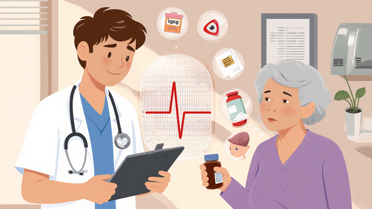 A doctor shows an ECG with high QTc to an elderly patient, with overlapping drug icons glowing red.