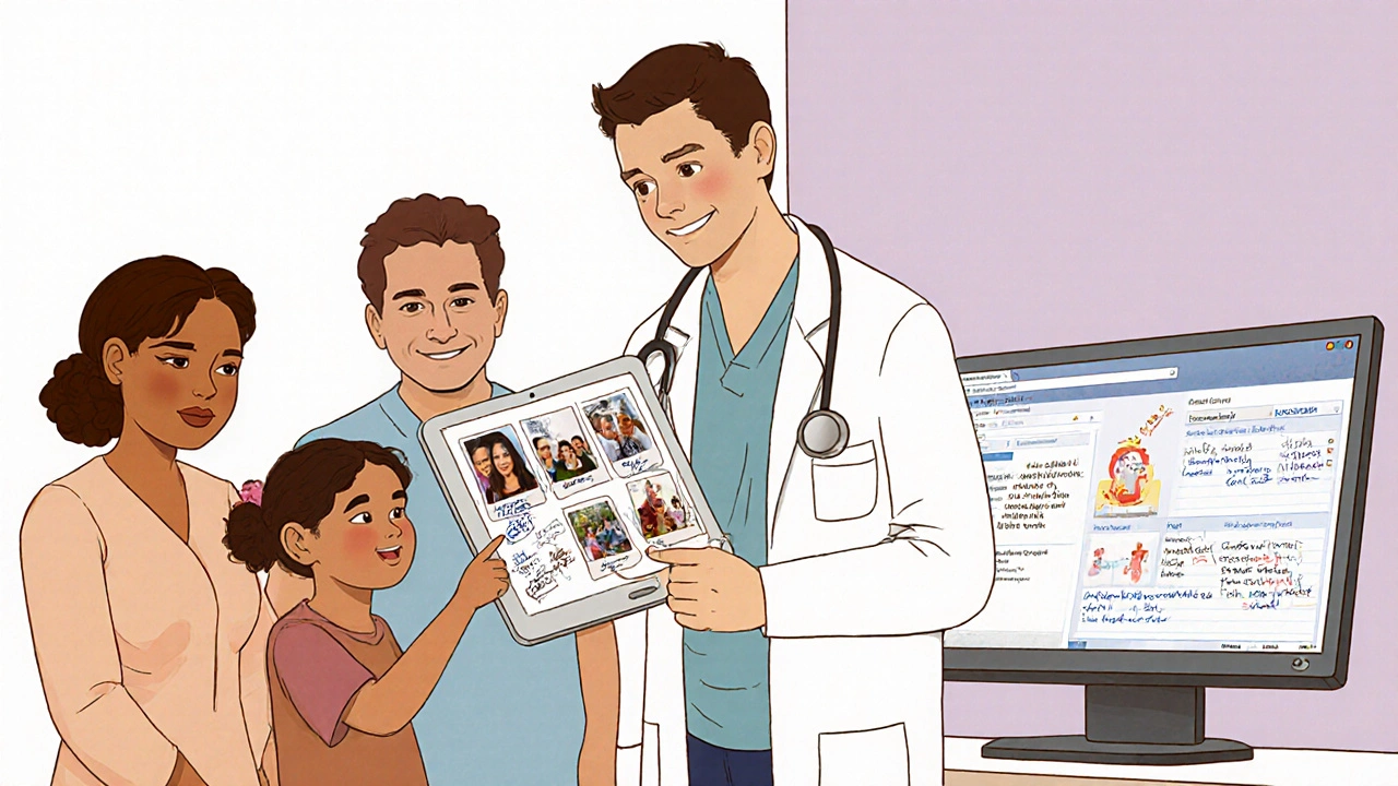 A group of Italian patients and doctors interacting with a family-inclusive health app, while a sterile version sits unused nearby.