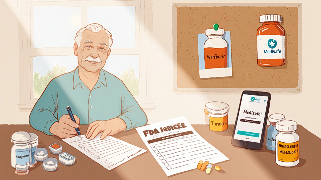 A man updates his medication list at home with pill bottles, a printed form, and a smartphone app visible.
