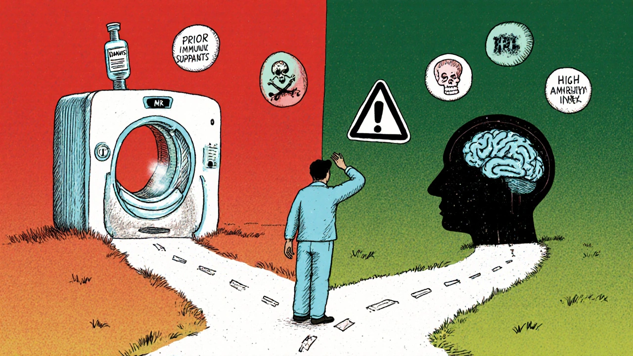 A patient at a crossroads between recovery via new therapy and decline from PML, with risk factors floating above.