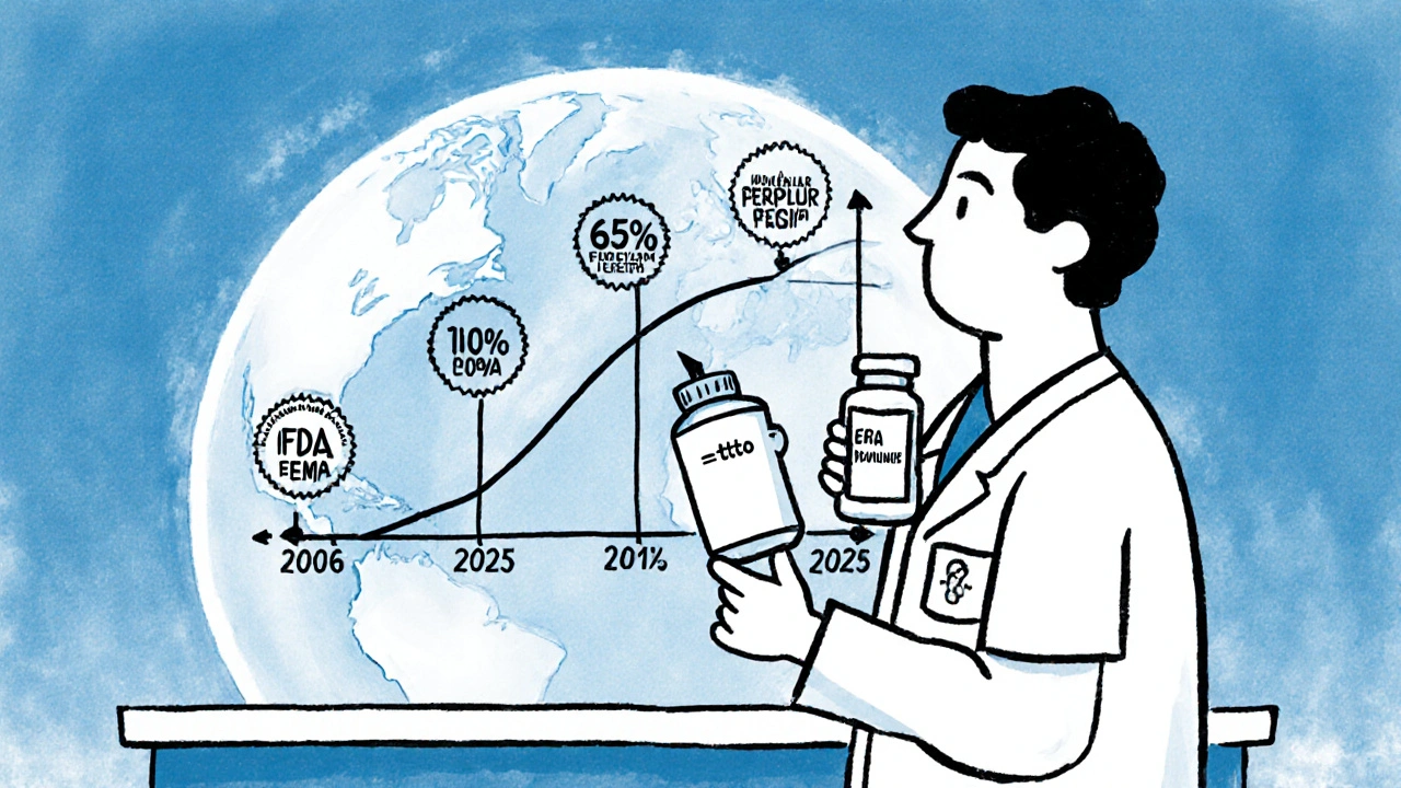 A patient holding a prescription with a four-letter suffix, pharmacist pointing to a timeline of global biosimilar approvals.