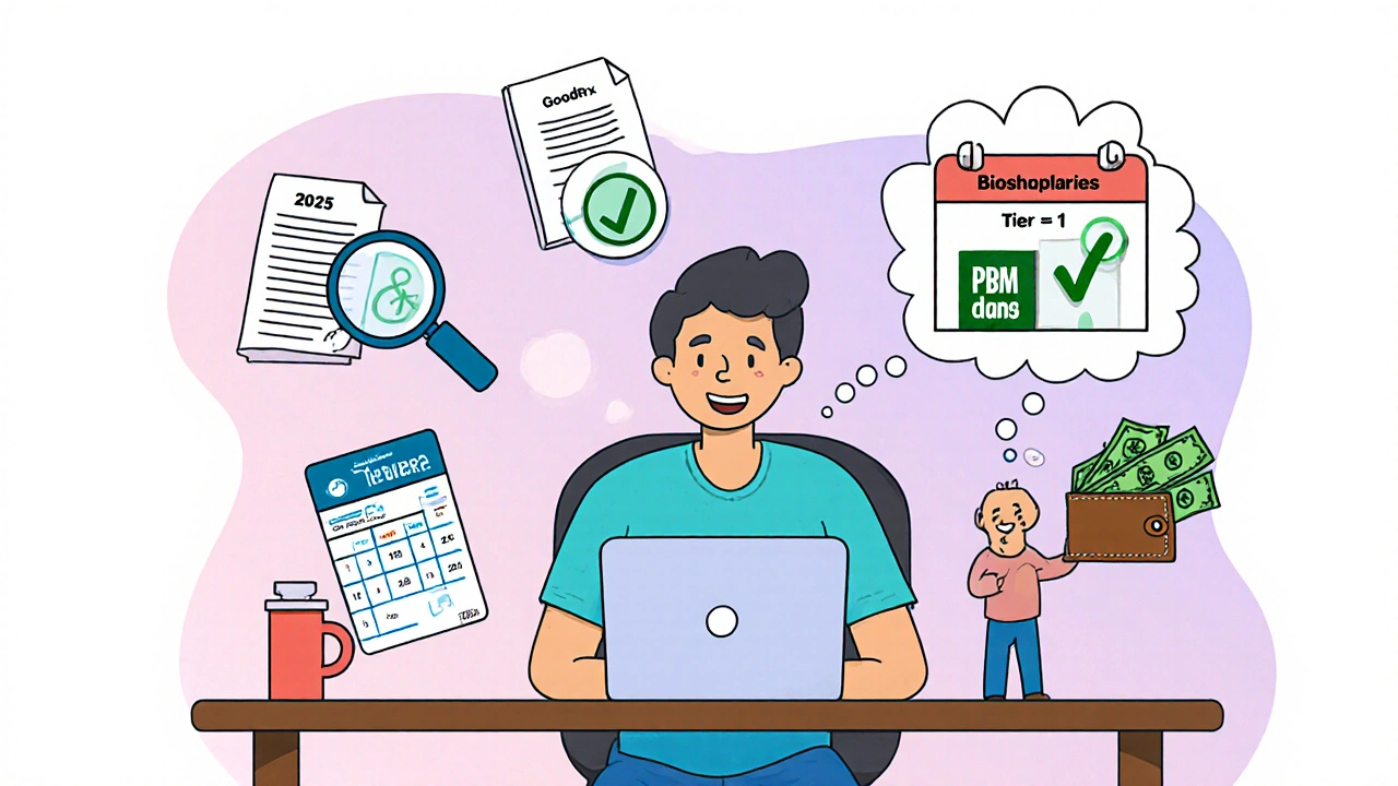 A person reviewing their insurance formulary online with helpful icons and a 2025 update showing biosimilars in Tier 1.