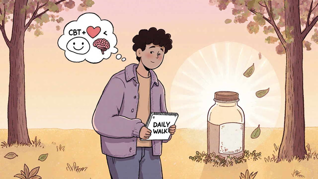 A person walking at sunrise, symbolizing non-medication options for depression and pain.