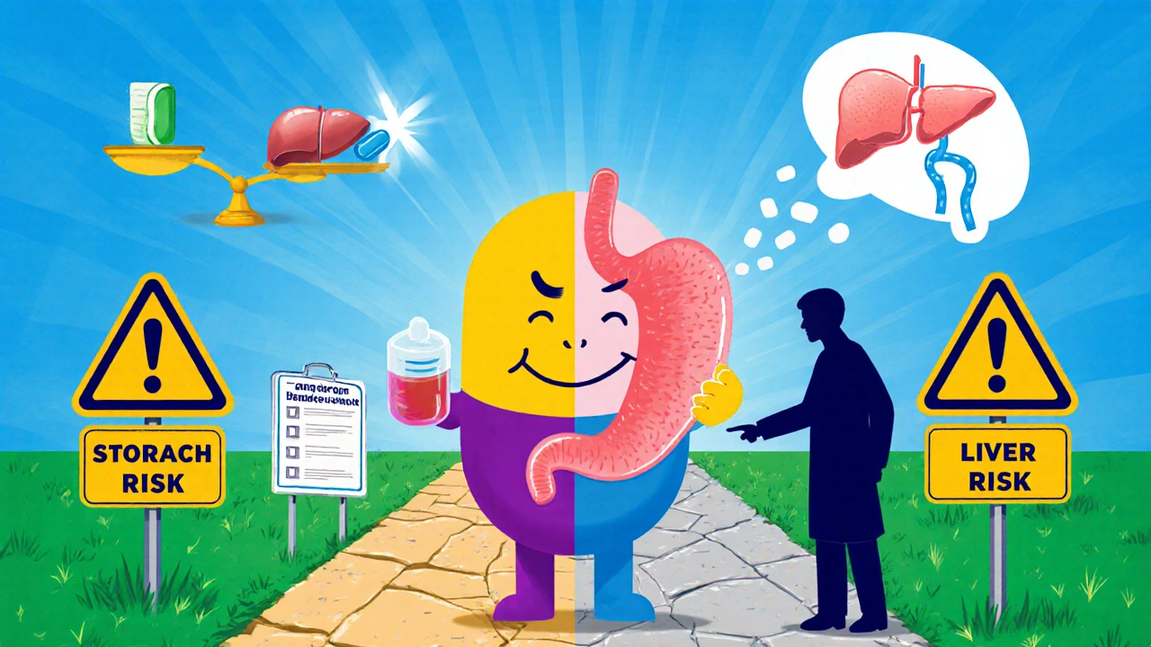 A split character choosing between stomach and liver risks from different painkillers.