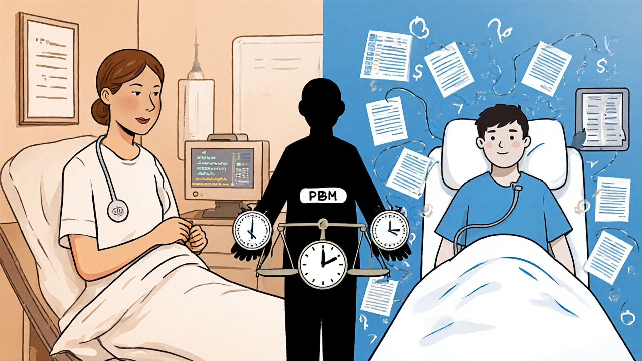 A split scene shows a patient safely receiving treatment on one side and hospitalized on the other, with a shadowy PBM figure between them.