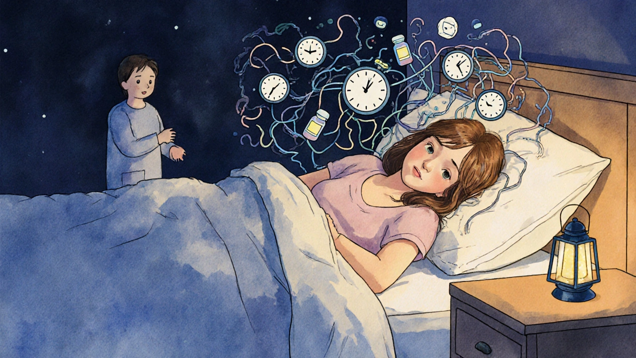 A woman lying awake with her anxious thoughts shown as a maze, while a calm therapist guides her with a lantern.