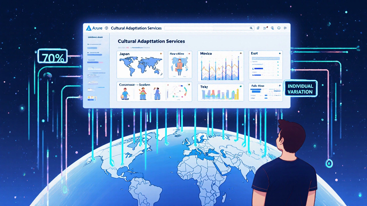 An AI dashboard adapting app interfaces in real time for different countries, with data streams flowing across a globe.