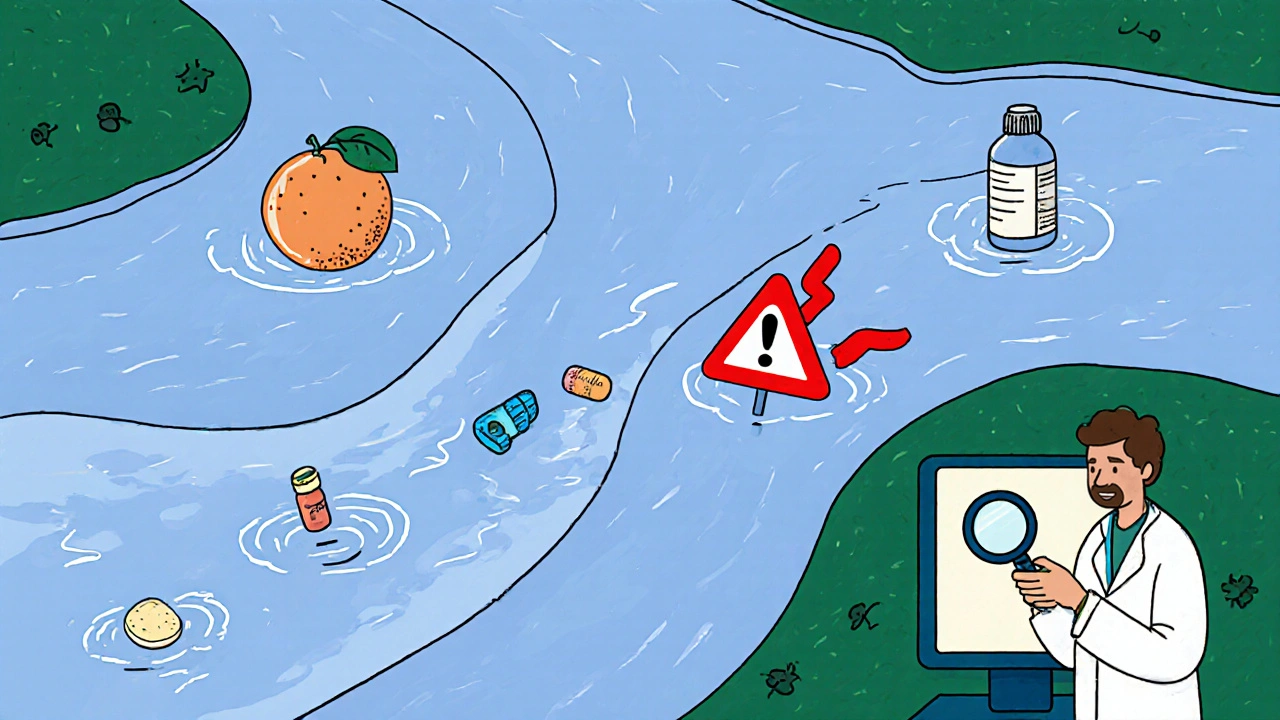 Bloodstream with drug molecules and warning signs near grapefruit and antibiotics, pharmacist monitoring levels with magnifying glass.