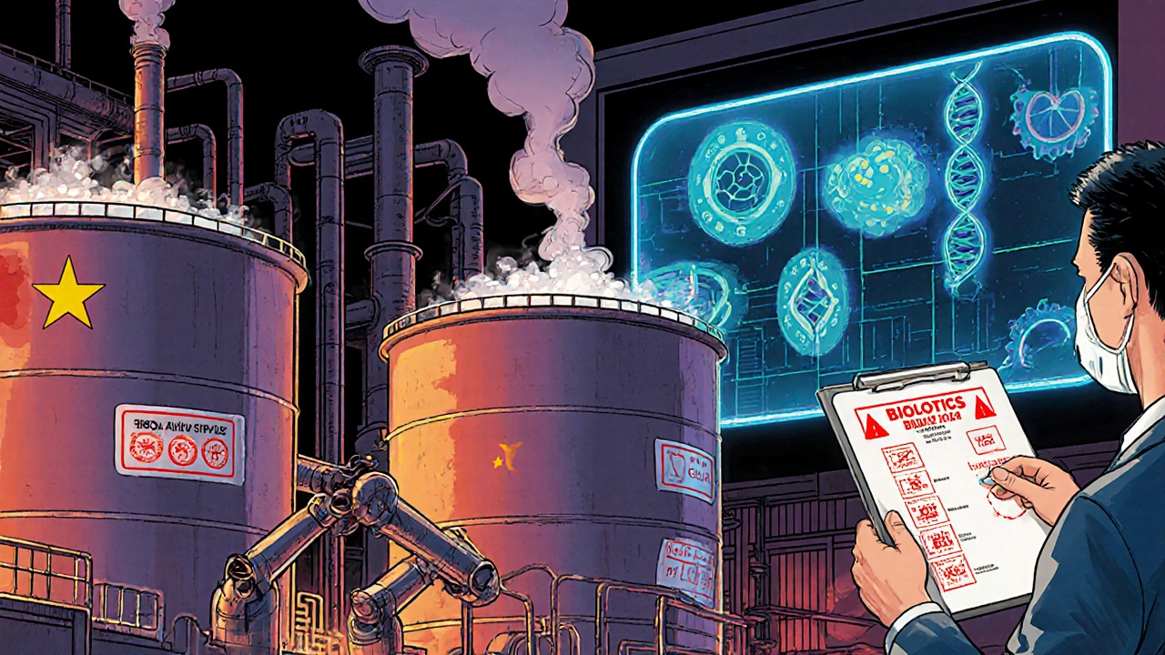 Chinese chemical plant producing active pharmaceutical ingredients, with FDA inspector and biologics lab nearby.